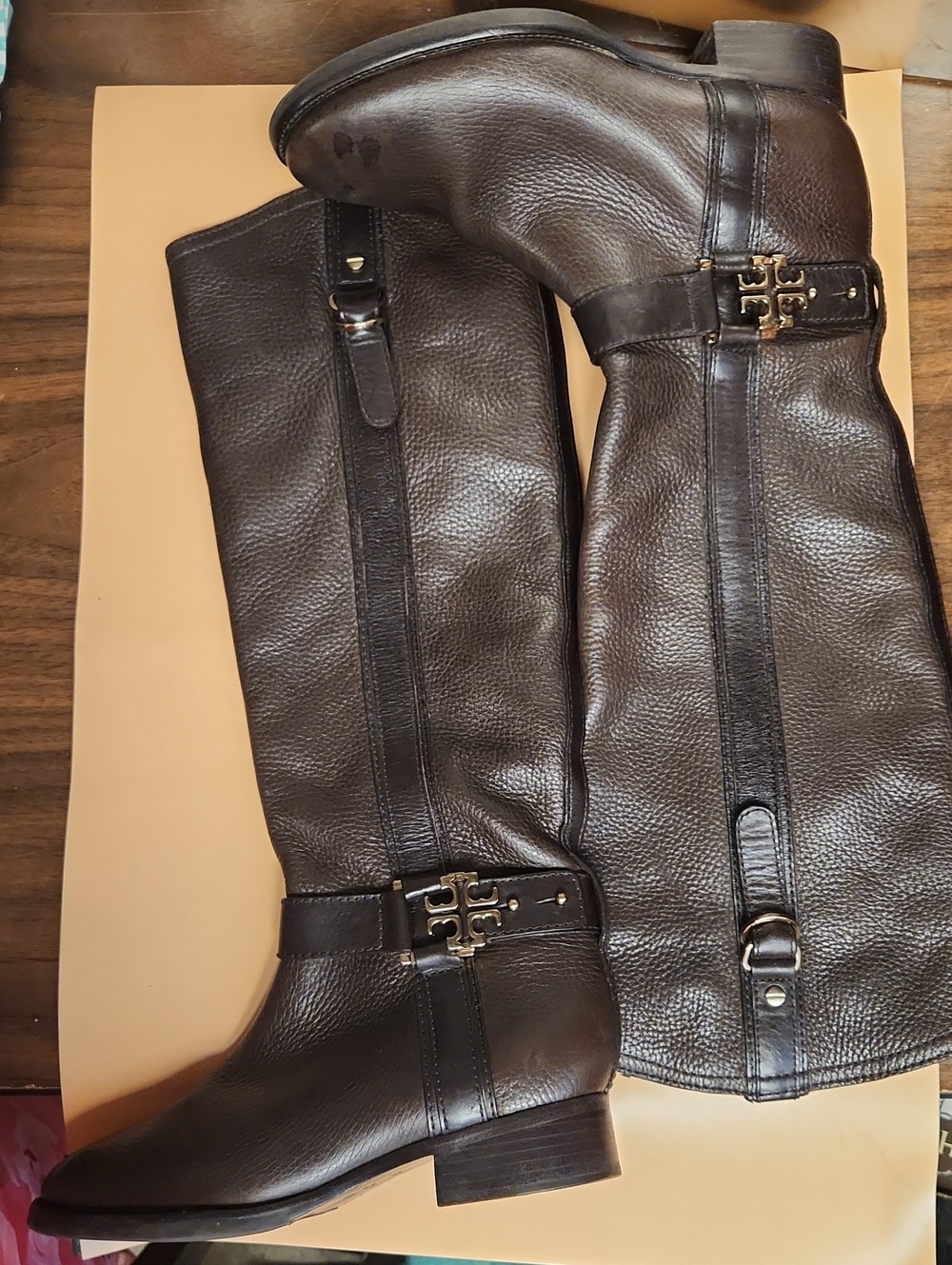 TORY BURCH Black LEATHER ELINA RIDING BELTED BOOTS Size 5.5
